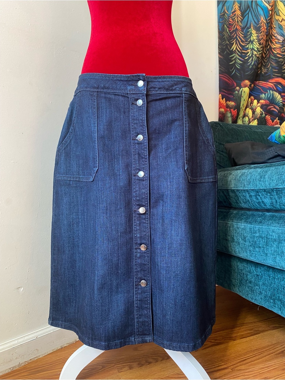 Liz Claiborne Dark Blue Button-Front Midi Denim Skirt